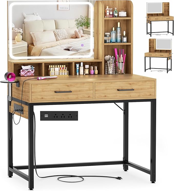 Small Vanity Desk, Vanity Desk with Mirror and Lights, Makeup Vanity Desks with Power Strip, Vanity Table with Drawers and Shelves, Adjustable Lighting, Dressing Table for Bedroom Room, Nature Oak