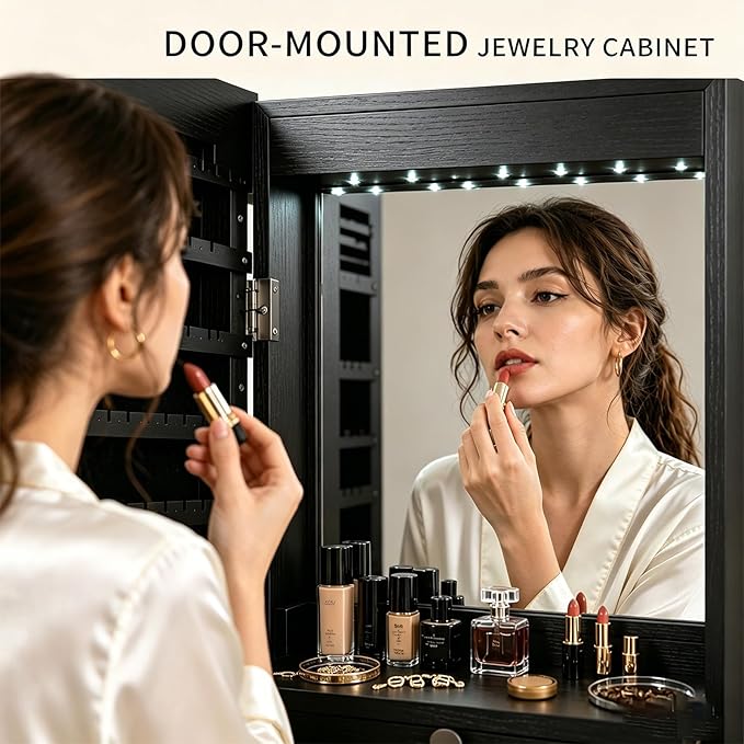 Over the Door Jewelry Organizer, Wall Mounted Jewelry Cabinet, Hanging Mirror with Storage Box, Wall/Door Mounted Full Length Mirror with LED