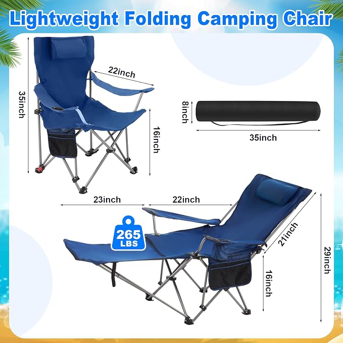 Yuntau 2 Set Reclining Beach Chairs with UPF 50+ Umbrellas Shade, Upgraded Heavy Duty Portable Folding Lounge Camping Chair with Canopy Removable Footrest & Headrest for Outdoor Patio(Black,Blue)