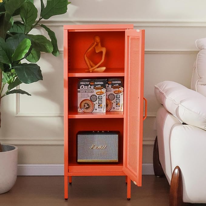 Slim Metal Storage Cabinet with Mesh Doors - 42'' Tall Narrow Organizer Tower, Compact Freestanding Cabinet, Versatile Utility Storage for Home, Office, Kitchen, Living Room, Durable and Modern Design
