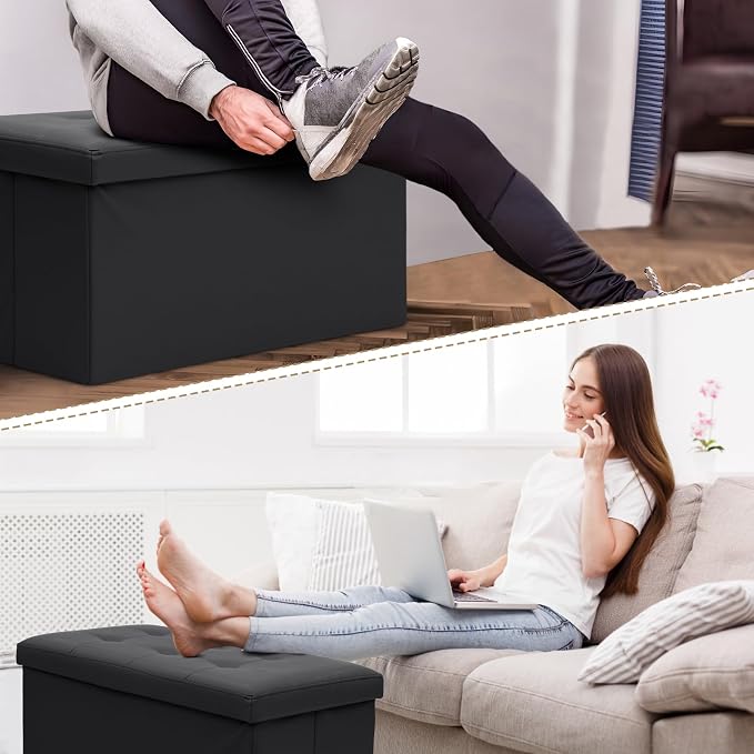 Athena Collection Leather Ottoman with Storage, 30 Inches Large Storage Ottoman Bench with 90L Storage, End of Bed Bench Foot Rest for Living Room, Bedroom, Entry, Black