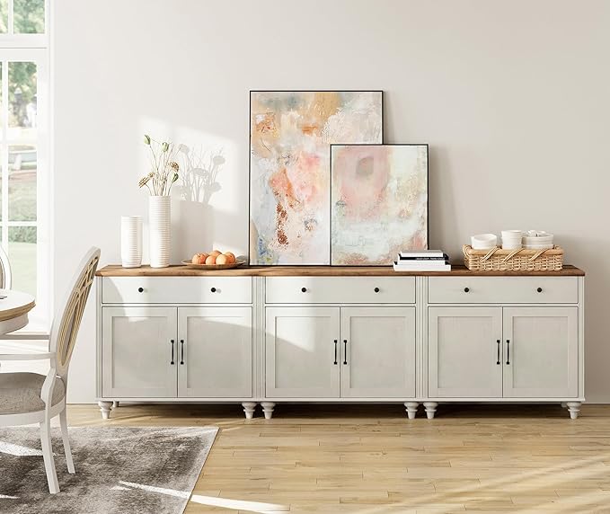 WAMAPT Buffet Cabinet with 6 Doors and 3 Drawers, Large Coffee Bar Table Wood Kitchen Storage Cabinets, Modern Farmhouse Sideboard Credenza for Dining Room, White, 101 inch