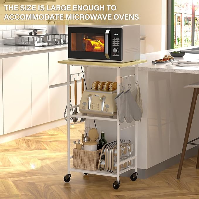 ThreeHio Rolling Kitchen Microwave Cart, 3 Tier Microwave Table Stand with Adjustable Shelf, Kitchen Storage Rack on Wheels, Coffee Station Cart Rack Shelf Organizer for Living Room Office, Balcony