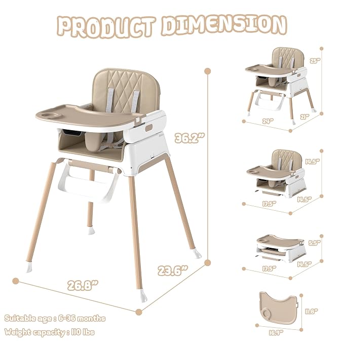 4 in 1 Baby High Chair for Babies and Toddlers, Foldable & Portable Convertible Booster Seat, Adjustable Tray & Footrest, Lightweight, Stable, Easy to Clean, Khaki