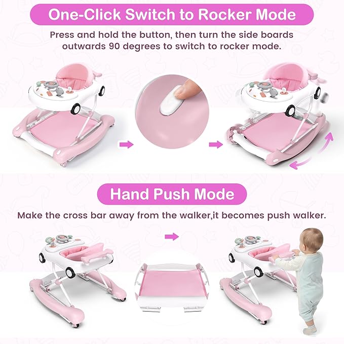 Baby Walker, 5-in-1 Baby Walker for Boys and Girls with Bouncer, Removable Footrest, Music, Foldable & Adjustable Speed Wheels Activity Walker for 6-18 Months Toddler Infant(Pink)