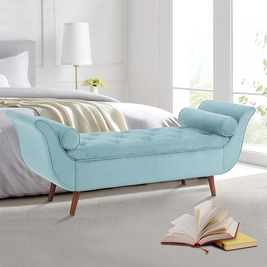 Storage Bench for Bedroom End of Bed, Velvet Upholstered Rolled Armed Button Tufted Sofa Stool Bench, Storage Ottoman Couch Long Bench with Solid Wood Legs (Blue)