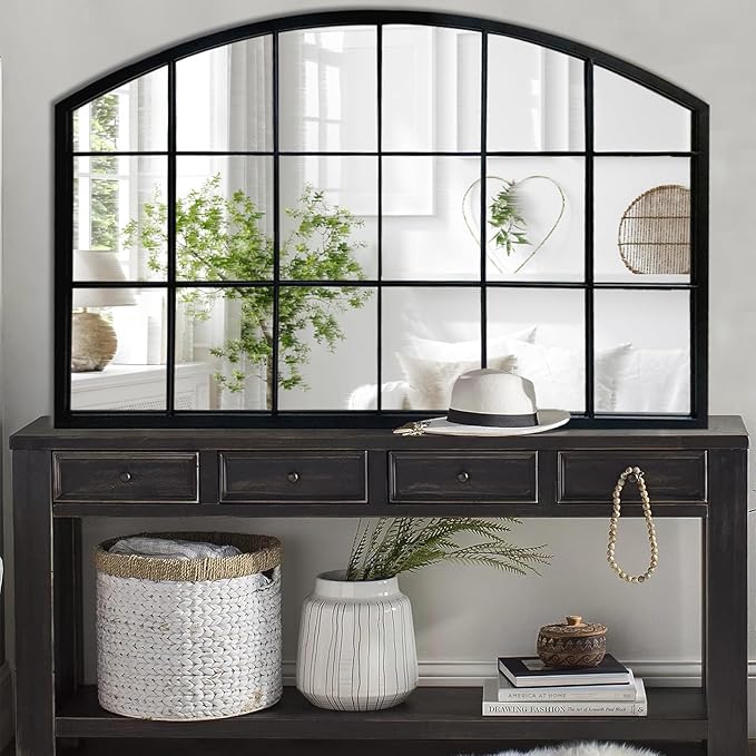 WAMIRRO Black Grid Wall Mirror,Wide Window Pane Black Mirror,Farmhouse Arched Wall Mirror,Mantel Mirror for Fireplace/Entryway/Hallway/Living Room,44“X28”