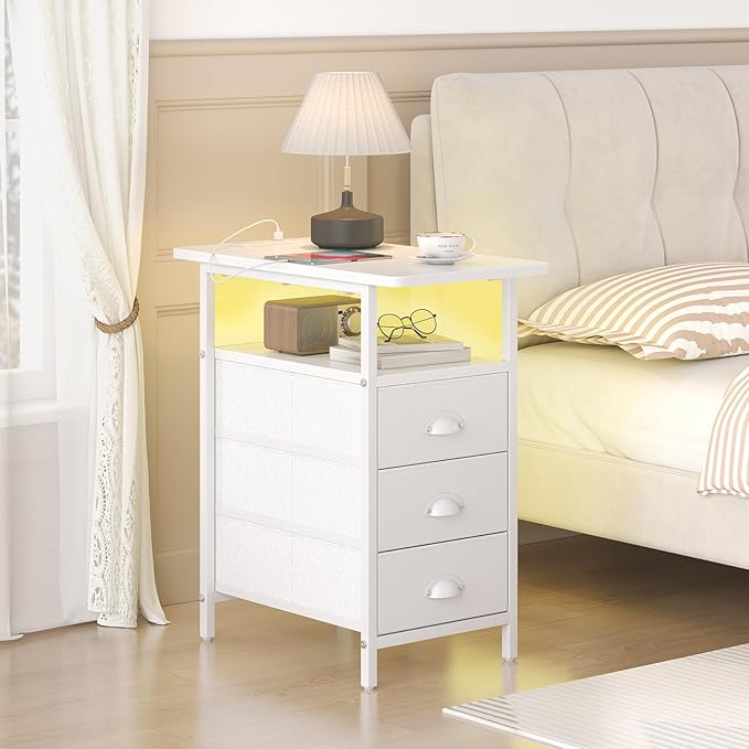 sthmec End Table with Charging Station,LED Side Tables with USB Ports and Outlets,Narrow Nightstands Bedside Tables with 3 Drawers PU Finish for Small Space,Slim Sofa Table for Livingroom,White