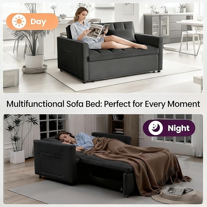 3 in 1 Convertible Sleeper Sofa Bed, Velvet Fabric Loveseat Sofa Bed with Adjustable Backrest & Large Side Pockets, Pull Out Couch for Small Spaces, Apartment, Living Room, Black