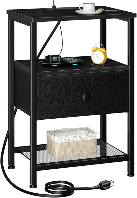 LOAKEKEL Night Stand, Nightstand with Charging Station, Slim Industrial Bedside Table with Fabric Drawer, Small End Table with USB & Type-C Ports for Bedroom, Black, HETS010BK-1