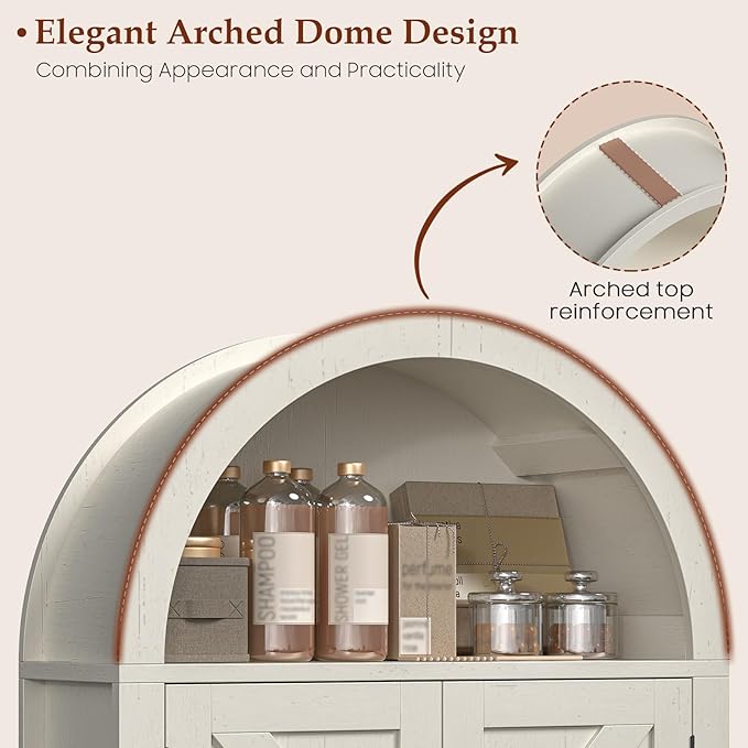 Arched Bathroom Wall Cabinet, Farmhouse Medicine Cabinet with Barn Door and with Adjustable Shelf, 23.6 x 28.7'' Wooden Storage Cabinet Wall Mounted for Bathroom Laundry Room Kitchen, Rustic White