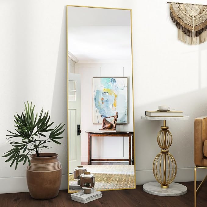 VooBang Mirror Full Length, 21" x 64" Floor Mirror with Stand, Aluminum Alloy Frame Full Body Mirror, Standing Hanging or Leaning Against Wall for Bedroom and Living Room, Gold
