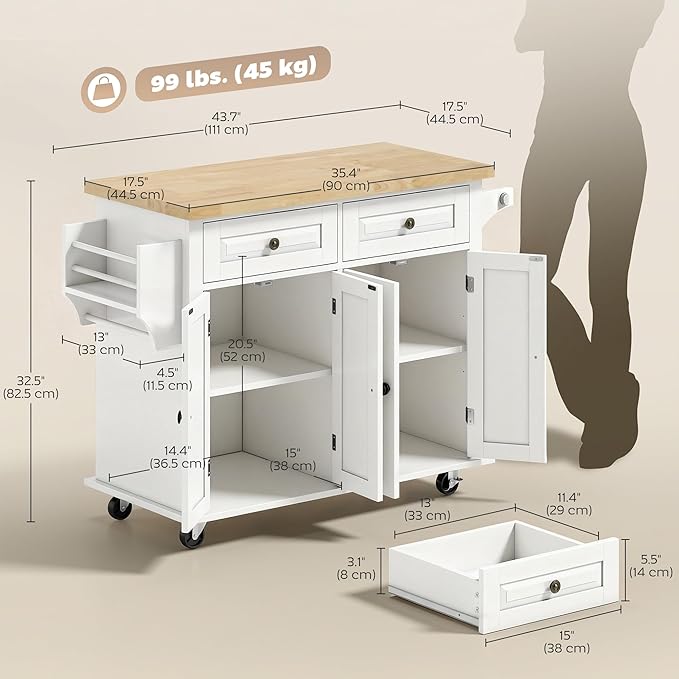 HOMCOM Kitchen Island Cart with Solid Wood Top, 44" Mobile Kitchen Island Table on Wheels with Storage Cabinets, 2 Drawers, Adjustable Shelves, Spice Rack & Towel Bar for Dining Room, White