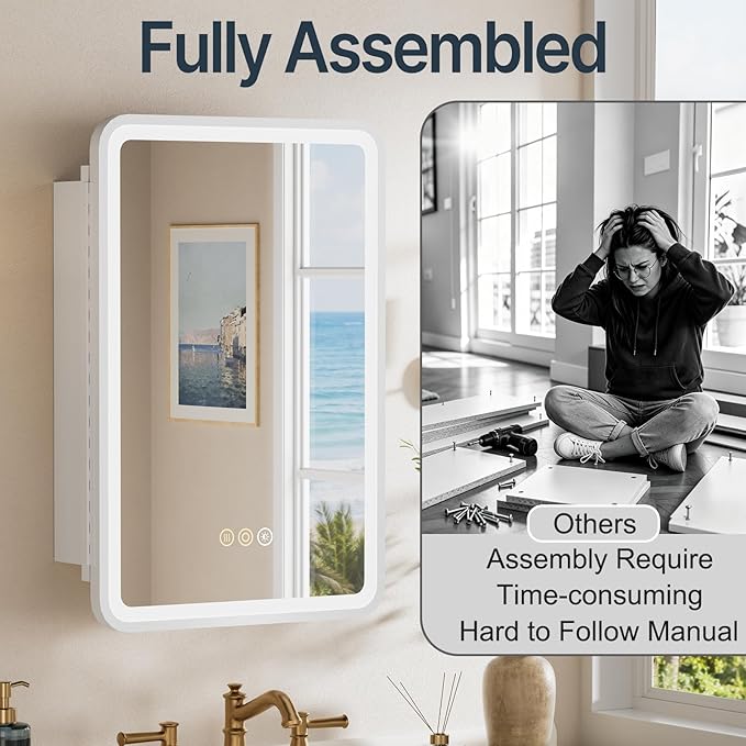 16x24 Inch Medicine Cabinet with Mirror, Recessed or Surface Mount Bathroom Medicine Cabinet with LED Lights, Anti-Fog, Memory Function, Adjustable Shelf, Dimmable Light, ETL Listed, White,Right Hinge