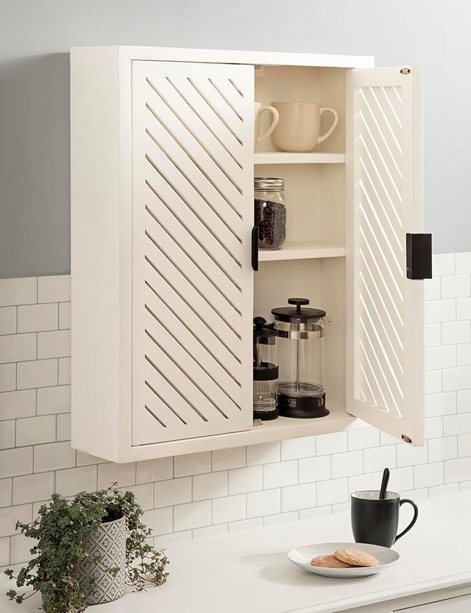 Kate and Laurel Mezzeta Decorative Coastal Two-Door Floating Bathroom Cabinet; 22 x 7 x 28; White; Decorative Over Toilet Storage Cabinet for Use as Bath Storage or Living Room Decor
