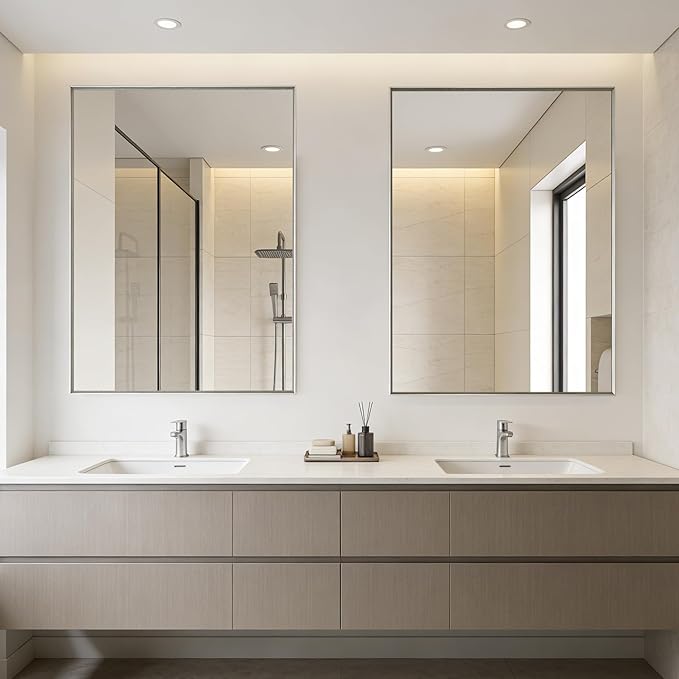 Bathroom Mirror for Wall, 30x40 Inch Metal Framed Mirror, Brushed Nickel Rectangle Mirror, Bathroom Vanity Mirror Farmhouse, Tempered Glass, Anti-Rust, Hangs Horizontally or Vertically
