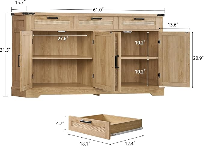 usikey 61” Large Buffet Cabinet with Storage, Sideboard Cabinet with 4 Doors and 3 Drawers, Farmhouse Buffet Table, Dining Room Storage Cabinet for Kitchen or Living Room, Natural