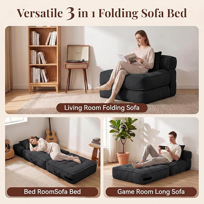 Folding Sofa Bed, Convertible Sleeper Chair with Pillow Foldable Mattress with Back Support, Portable Fold Out Chair Bed Comfy Floor Couch Lounge for Living Room Bedroom Apartment Single