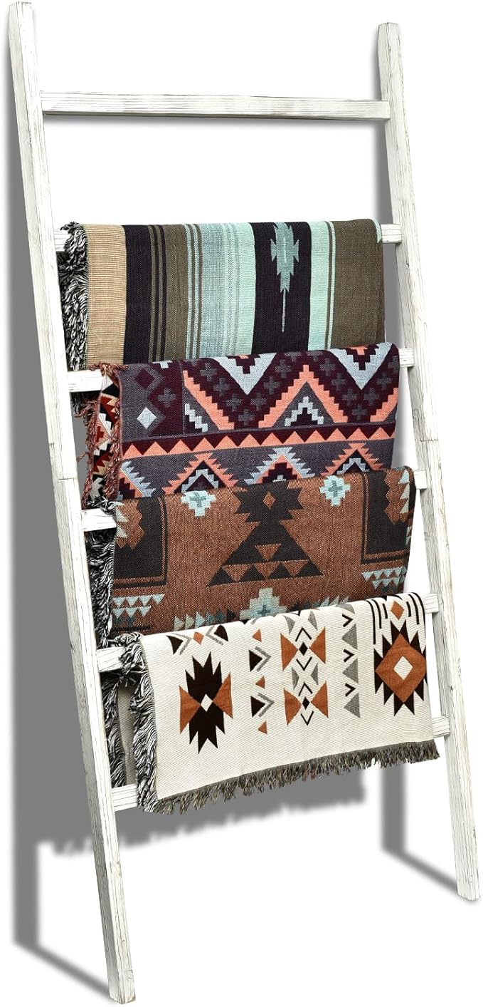 FUIN Extra Wide 6.4ft Wooden Blanket Ladder Living Room Decorative Wal Leaning Farmhouse Quilt Display Holder Rustic Wood Towel Rack for Bathroom, White, 38 inch Wide