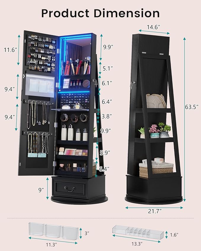 Vlsrka LED Mirror Jewelry Cabinet with Lights, Lockable Full Length Mirror with Storage, Standing Jewelry Armoire Organizer with Touch Screen&RGB Modes for Small Bedroom Spaces, Gift for Women, Black