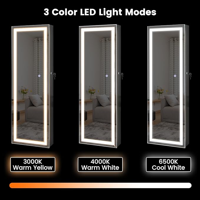 CHARMAID LED Mirror Jewelry Cabinet, 47.2'' Jewelry Armoire with Adjustable Lighted Full Length Mirror, Wall Mounted or Door Hanging, Lockable Jewelry Organizer Storage (Black, 47.2''H)