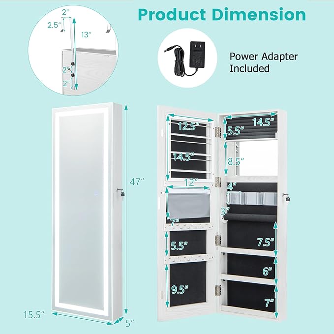 CHARMAID LED Mirror Jewelry Cabinet, 47.2'' Jewelry Armoire with Adjustable Lighted Full Length Mirror, Wall Mounted or Door Hanging, Lockable Jewelry Organizer Storage (Grayish White, 47.2''H)