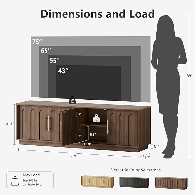 FORTUNETEC TV Stand for 75 Inch TV, Mid Century Modern TV Stand with Arched Design, Wood Grain Finish, Media Console with Adjustable Shelves, 67" Entertainment Center for Living Room Bedroom, Walnut