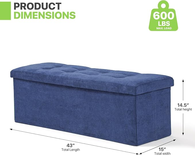 Magshion Folding Storage Ottoman Bench, 43 Inches Ottoman Foot Rest, Large End of Bed Bench, Storage Chest for Living Room, Entryway, Bedroom, 600 lbs Load Capacity, 15 x 43 x 15 Inches, Navy Blue