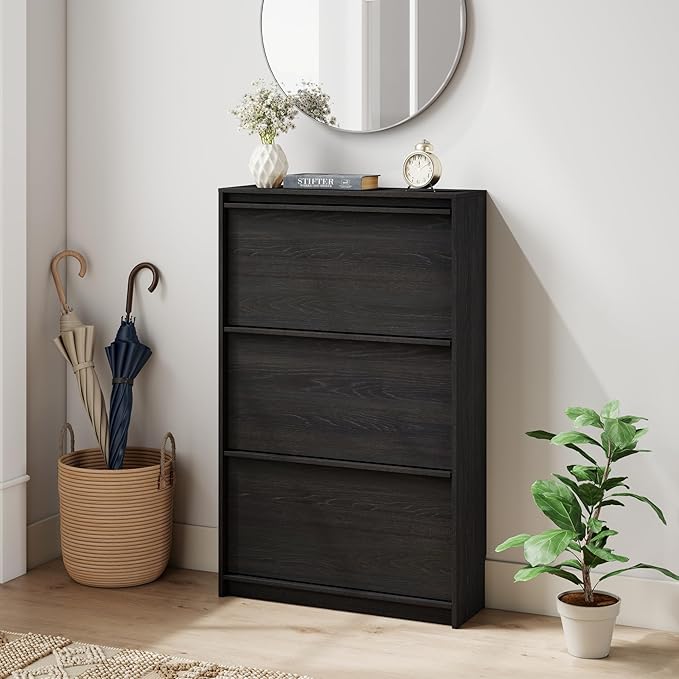 Shoe Cabinet with 3 Flip Drawers, 23.62" W Narrow Shoe Storage Cabinet for Entryway, Slim Shoe Organizer with Adjustable Shelves, Freestanding Shoe Rack for Hallway, Living Room, Black