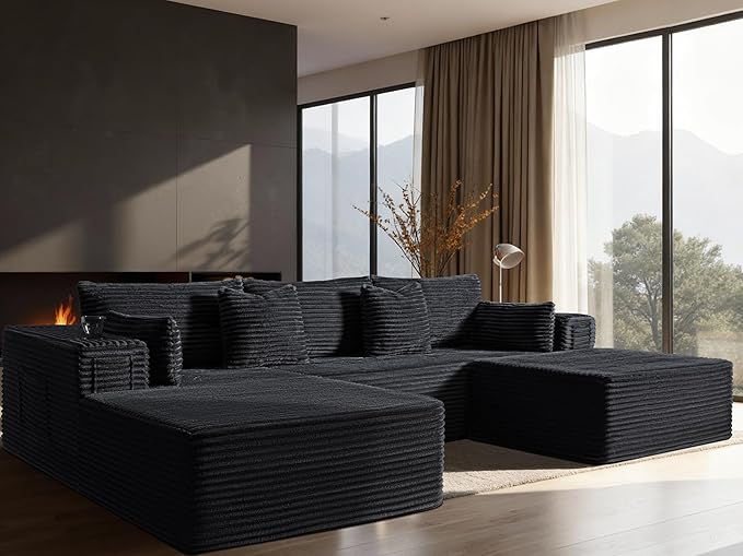 108" Oversized Cloud Sectional Couch, Comfort U Shaped Sofa for Living Room, Extra Deep Seats No Assembly, Minimalist Modular Couch, Corduroy (Black, 2 Seater+Left Facing Chaise+Ottoman)