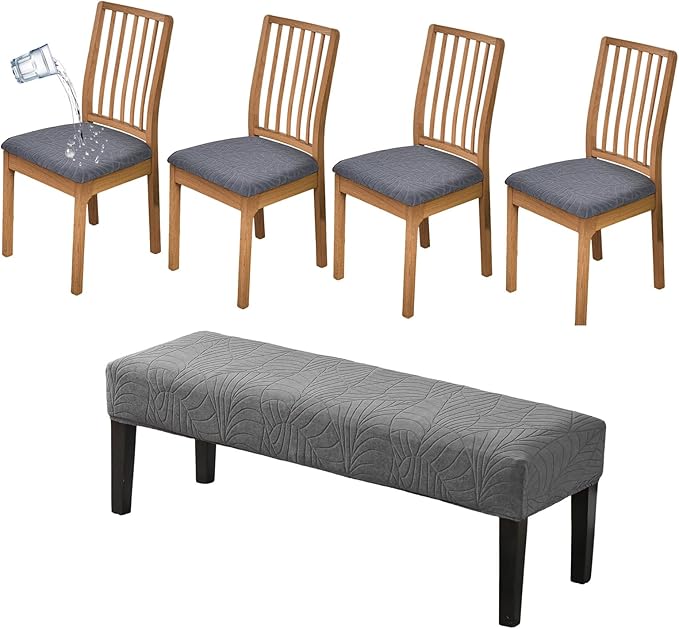 CRFATOP Waterproof Seat Covers for Dining Room Chairs Set of 4 with Stretch Bench Slipcover Jacquard Kitchen Chair Slipcover Washable Seat Cushion Slipcover for Hotel Banquet Wedding Party, Dark Grey