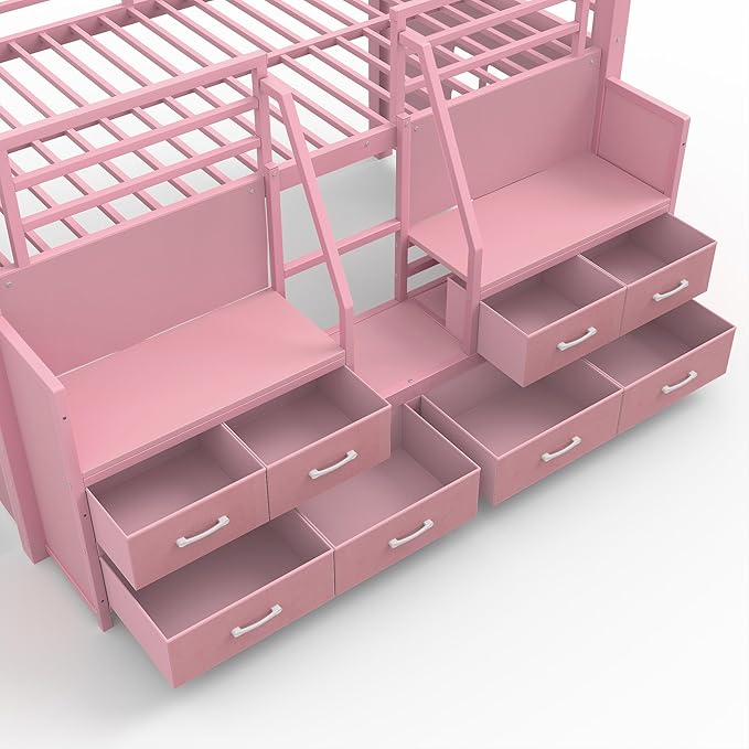 Bellemave Twin Size Loft Bed with 8 Non-Woven Fabric Storage Drawers and Bookshelf, Low Loft Bed with Lights and Private Play Curtain, Twin Loft Beds with High Rails, Noise Reduced Pink