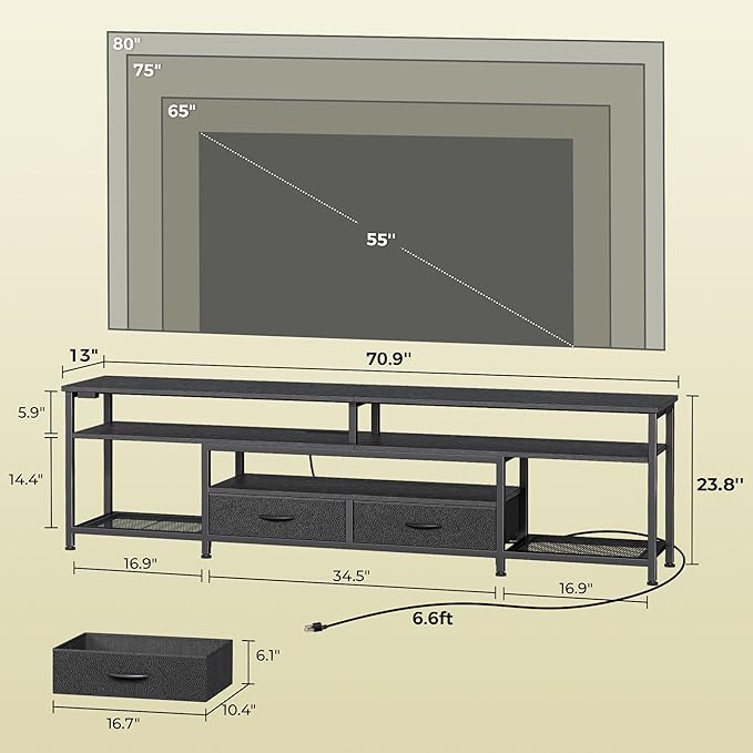 Huuger TV Stand for 75 80 Inch TV, Entertainment Center with Power Outlets and LED Lights, 70.9 Inch TV Console for Living Room, Media Console with Drawers and Shelves, Black