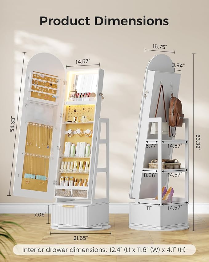 Dystler Arched Jewelry Cabinet with RGB Full-Length Mirror, 360° Swivel Standing Jewelry Armoire with Shelves & Drawer, Lockable Jewelry Organizers and Storage with Remote Control, White