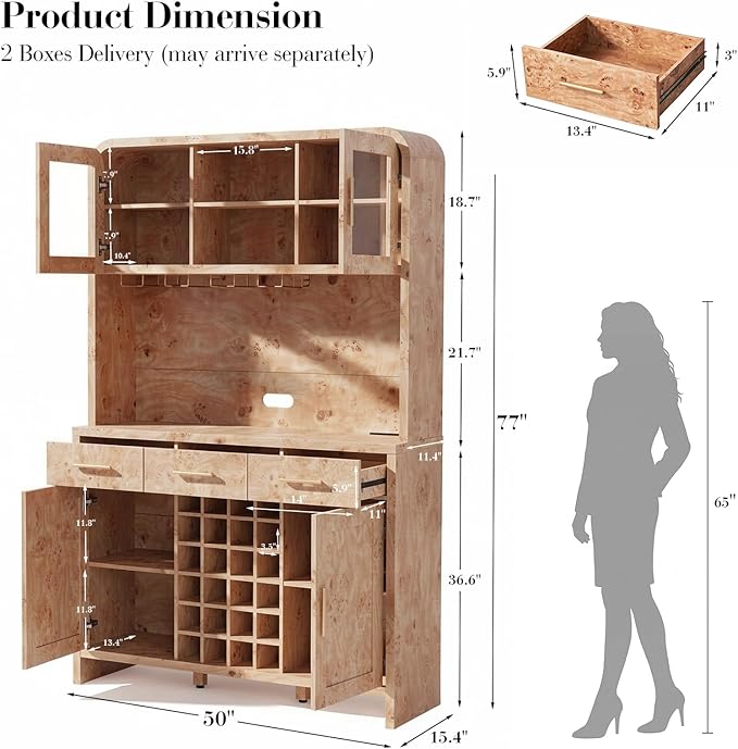 77" Tall Wine Bar Cabinet with Storage Hutch and 3 Drawers, Coffee Bar Cabinet with LED Lights and 24 Bottle Wine Rack for Home Dining Room Kitchen, Light Burl