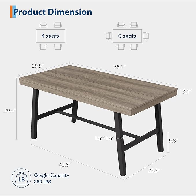 GarveeHome Industrial Dining Table for 2-4, 55" Heavy Duty Rectangular Kitchen Table with 2"×2" Metal Legs, Small Space Dining Table for Kitchen, Dining Room (Grey Walnut, 55" Non-extendable)