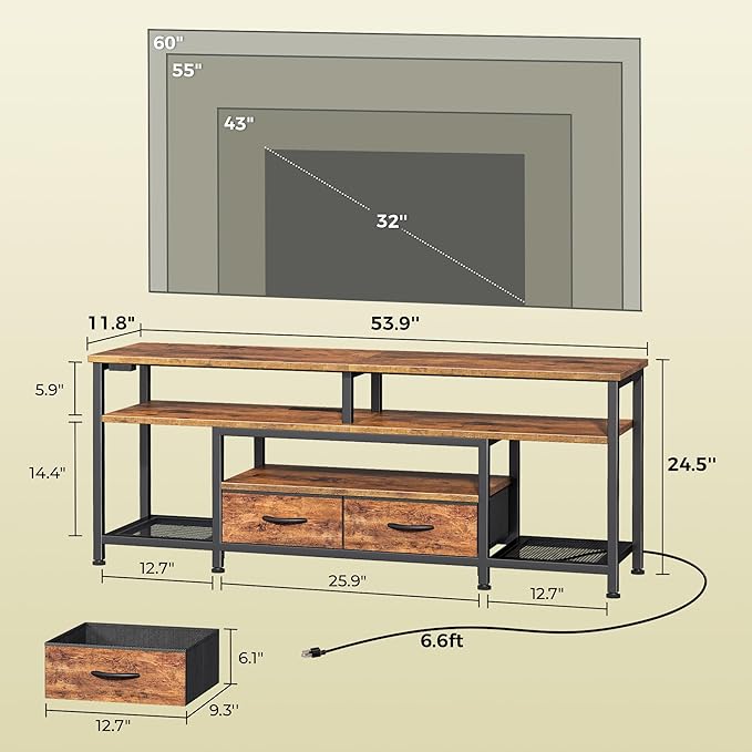 Huuger TV Stand for 55 60 Inch TV, Entertainment Center with Power Outlets and LED Lights, 54 Inch TV Console for Living Room, Media Console with Drawers and Shelves, Rustic Brown, 8778FC