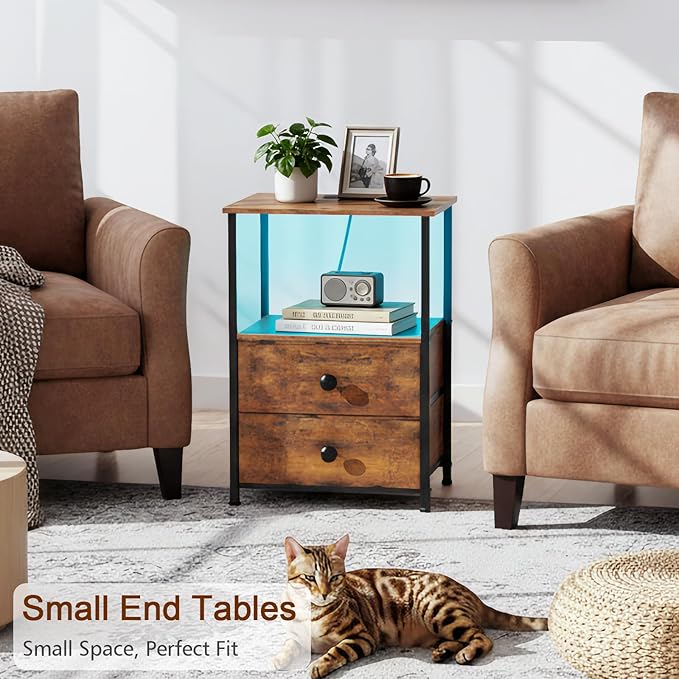 LOAKEKEL Night Stand Set 2, LED Nightstand with Charging Station, End Tables with Storage Shelf for Small Space, Bedside Table with 2 Fabric Drawers for Bedroom, Brown HETS02PQBR