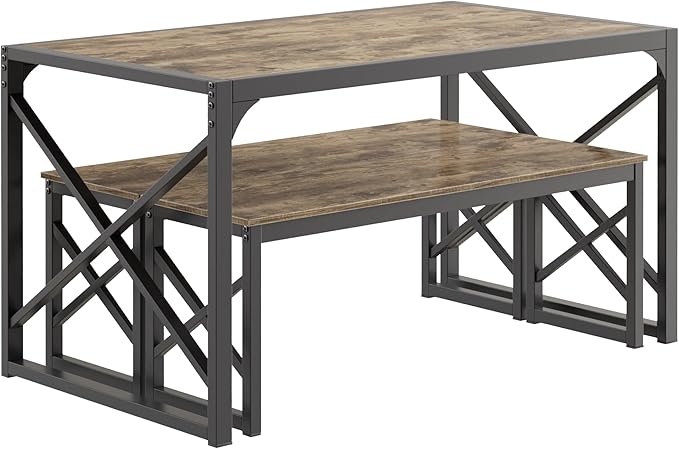 VECELO 55” Kitchen Dining Table Set for 4, Heavy-Duty Steel Frame & Wood-Grain Tabletop, Space-Saving Dinette Sets with 2 Benches for Breakfast Nook and Small Space, Grey