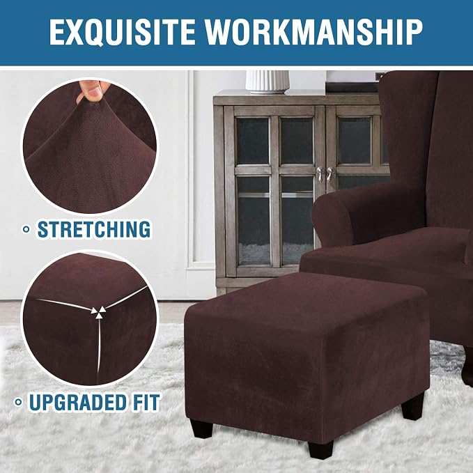 H.VERSAILTEX Square Ottoman Covers Ottoman Slipcover Square Footstool Protector Covers Storage Stool Ottoman Covers Stretch with Elastic Bottom, Feature Real Velvet Plush Fabric, Brown