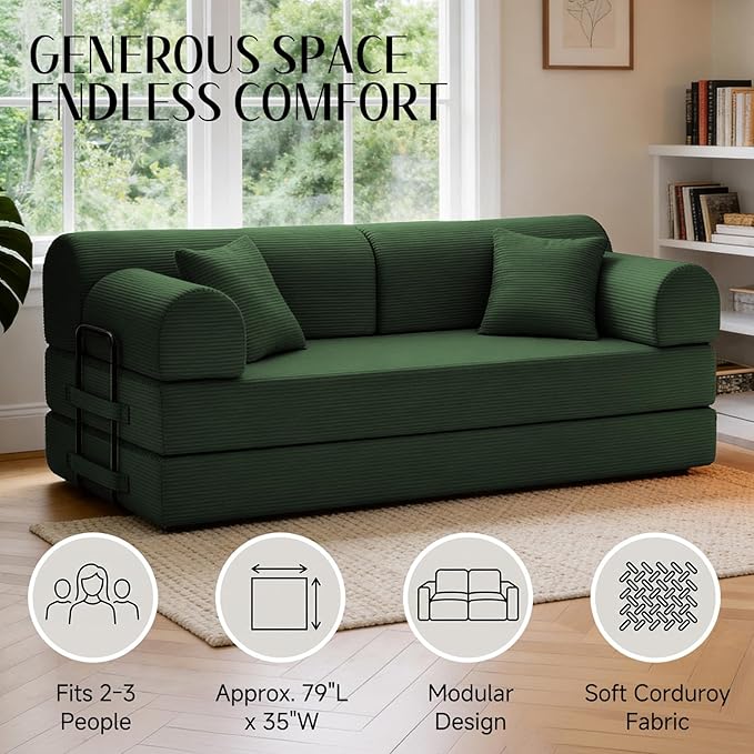 78.8" Convertible Sofa Bed with Detachable Arm Pillow, 6-in-1 Sectional Couches for Living Room, Corduroy Boneless Couch, Sleeper Loveseat Couch Bed, No Assembly, Green Couch