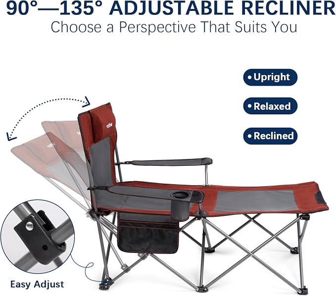 apollo walker Reclining Beach Chair, Adjustable 90-135° Backrest Camping Lounge Chairs for Adults, Folding Chair with Foot Rest & Detachable Pillow - Standard 6-Leg, Red