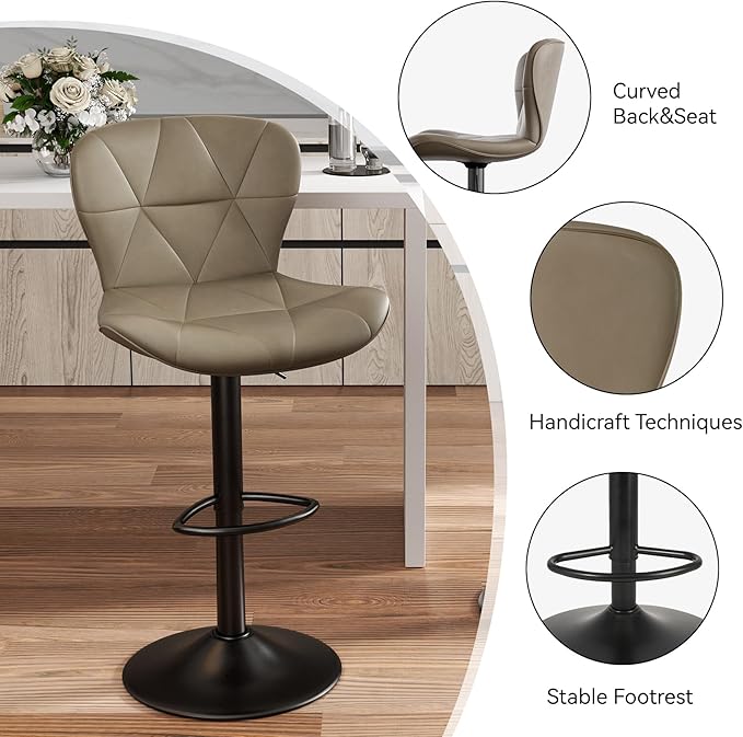 Nalupatio Modern Bar Stools Set of 2, Adjustable Faux Leather Upholstered Swivel Bar Stools, Counter Height Bar Chairs with Back for Kitchen Island, Dark Khaki