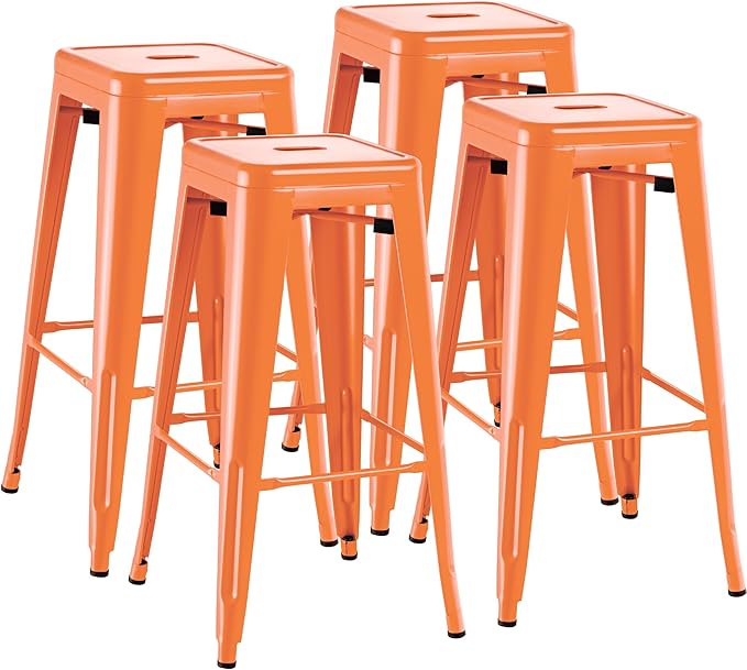 Furmax 30 Inch Metal Bar Stools Set of 4, Counter Height Stools, Industrial Bar Chairs Patio Stool Stackable Stool for Kitchen/Dining Room/Indoor Outdoor(Orange, 30'' Backless)