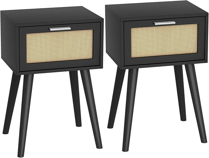 LAATOOREE Nightstand Set of 2, Small End Table with Rattan Door, Bedside Table with Solid Wood Feet, Boho Side Table for Bedroom Living Room Small Space, Black
