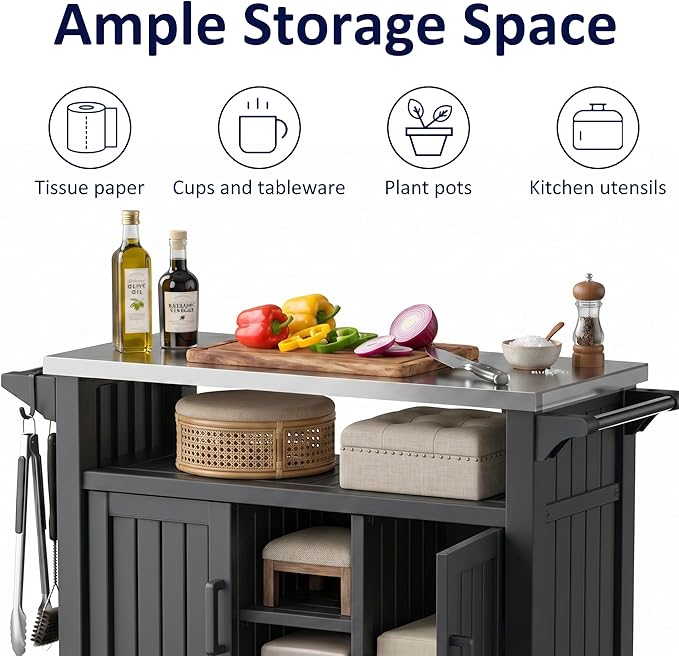 EasyUp Outdoor Storage Cabinet,Patio Storage Table, Bar Table with Wheels,Outdoor Bar Cart for Patio, Poolside and Backyard,Black