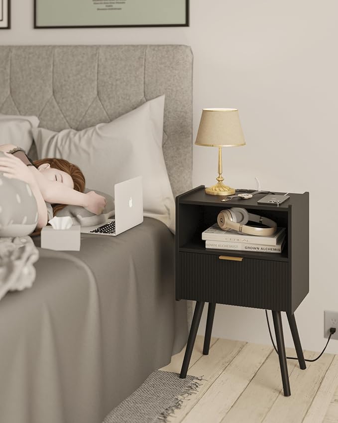 JOONEE Black Nightstand with Outlet,Modern Bedside Table with Storage Drawer and Open Wood Shelf, for Living Room, Bedroom and Small Spaces, Accent Night Stand with Solid Wood Legs, Easy Assembly