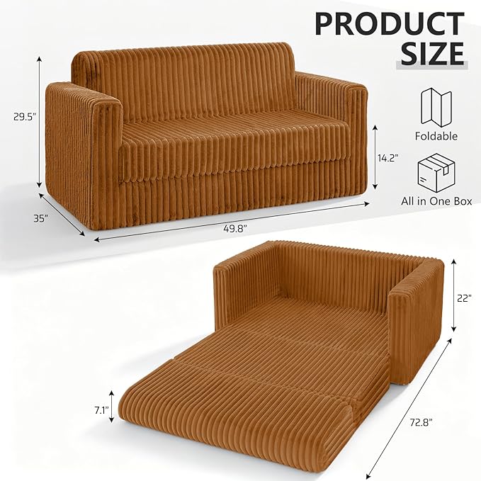HABUTWAY 49.8" Loveseat Boneless Couch, 4-in-1 Convertible Sofa Bed, Plush Fur Folding Futon Sofa Bed Couches Without Pillow for Living Room, High-Density Foam Support, No Assembly Required, Orange