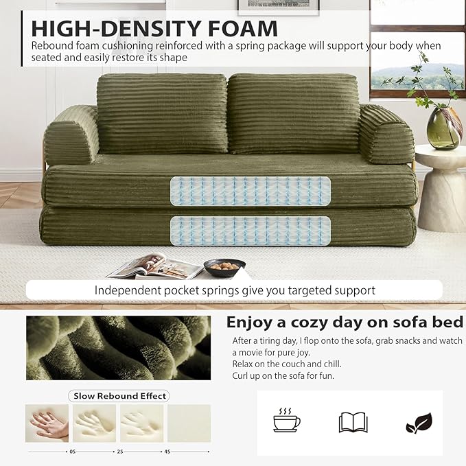 HANXIN 80 Inch Convertible Sleeper Sofa Bed, High Back Plush Corduroy Folding Floor Mattress Couch with Fixed-Shape Frame, Boneless Futon Loveseat with Pull Out Bed, No Assembly Required (Green)