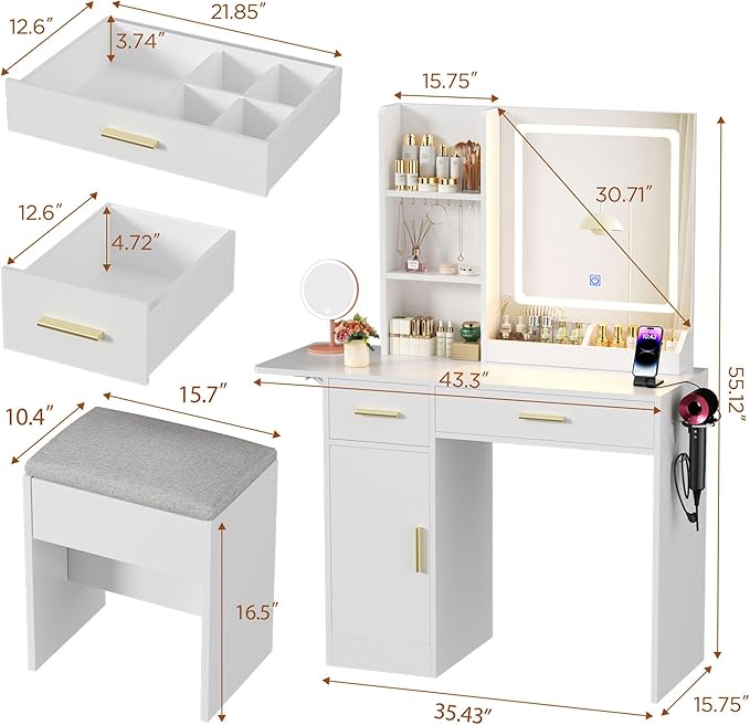 ERLEJIA Vanity Desk with Mirror and Lights & Extral Foldable Desk, 31.5" & 39.3" Makeup Vanity Table with 4 Drawers and 3 Open Shelves, Dressing Table for Bedroom, White